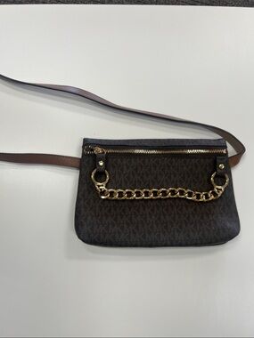 Michael Kors Dark Brown Logo Crossbody with Gold Chain Accent